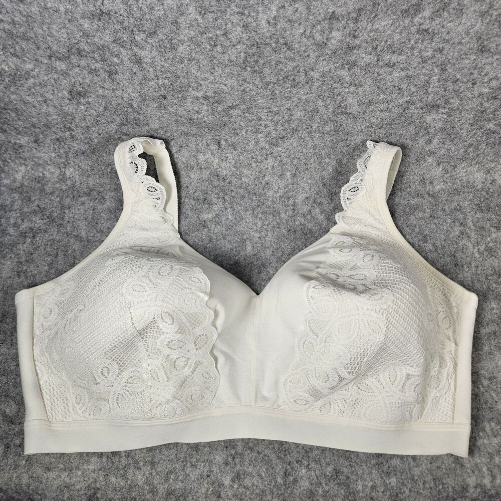 Cacique Lightly‎ Lined No Wire White Floral Lace Bra Full Figure 44G READ